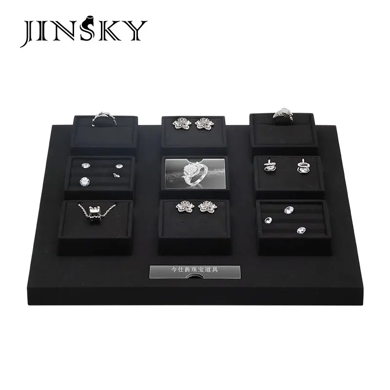 Custom. new arrival high end jewelry display sets with black microfiber for ring necklace jewelry window display sets