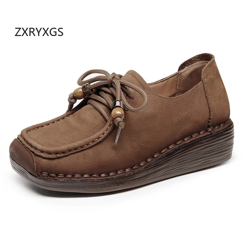 

ZXRYXGS Premium Cowhide Square Toe Women Genuine Leather Shoes Fashion Casual Sneakers Flat Wedges Soft Sole Trendy Shoes 2025