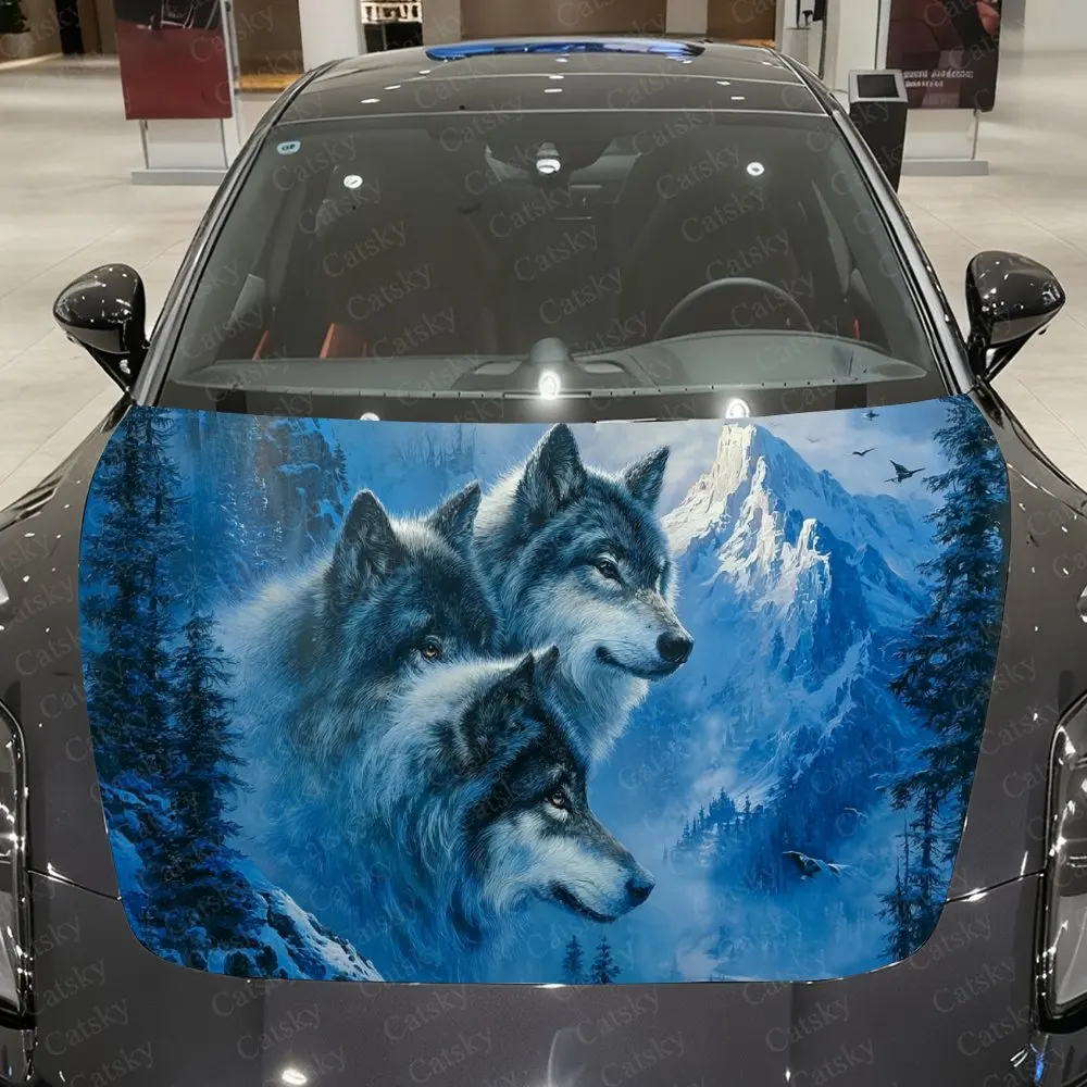 

Snow Mountains, Forests and Wolf Wildness Car Vinyl Wrap, PVC Material Waterproof Car Hood Sticker, Self-Adhesive Scratch-Resist