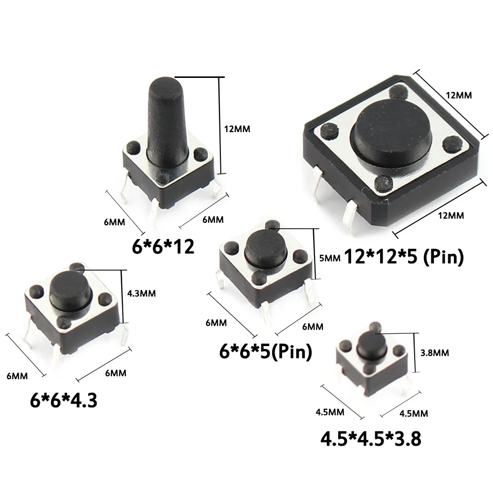 Assorted Micro Botão Interruptor, Mini Folha Interruptor, DIY Kit Eletrônico, Reset, SMD, DIP, 2*4, 3*6, 4*4, 6*6, 125PCs, 25 Tipos