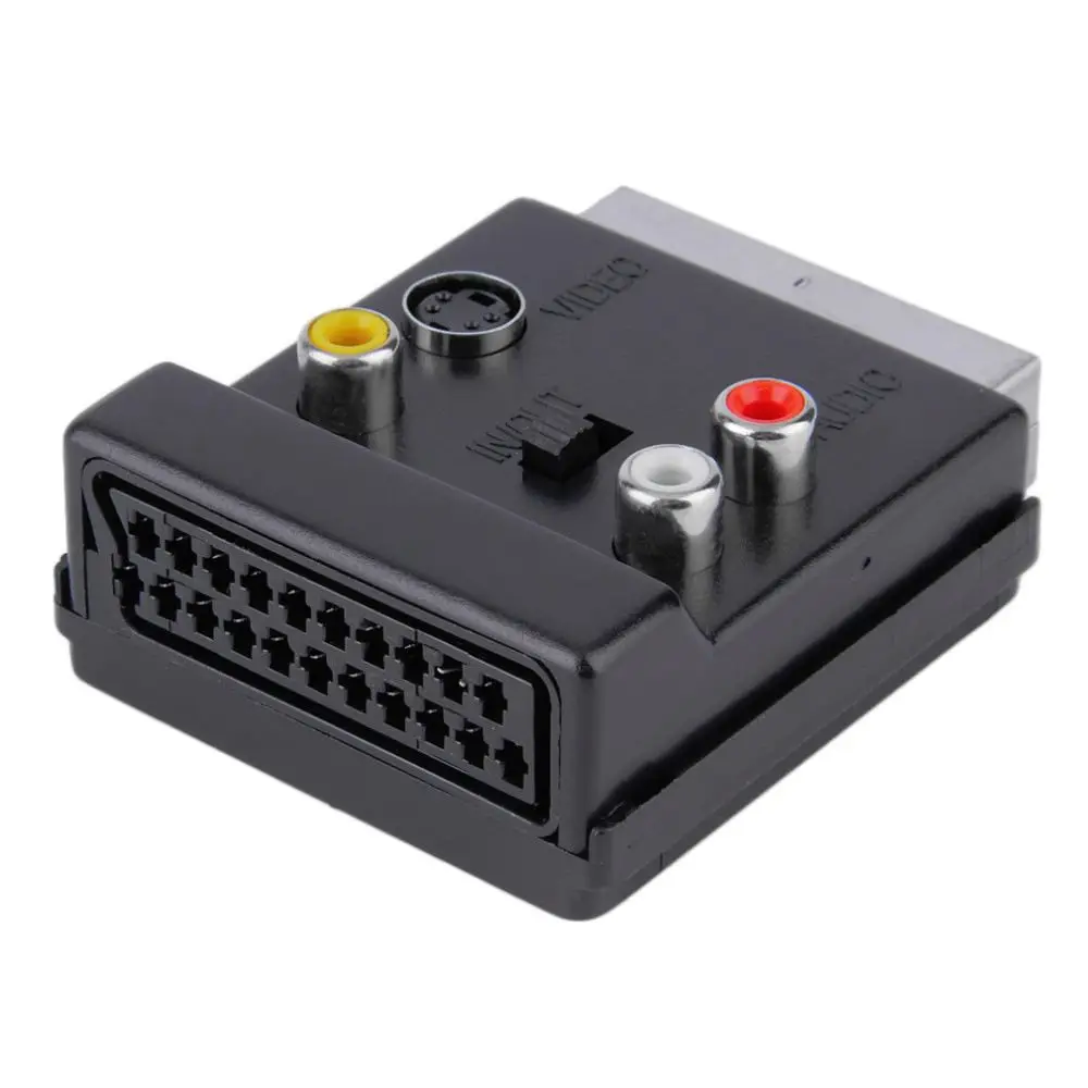 Mais novo scart macho para fêmea s-video 3 rca adaptador de áudio convector comutável