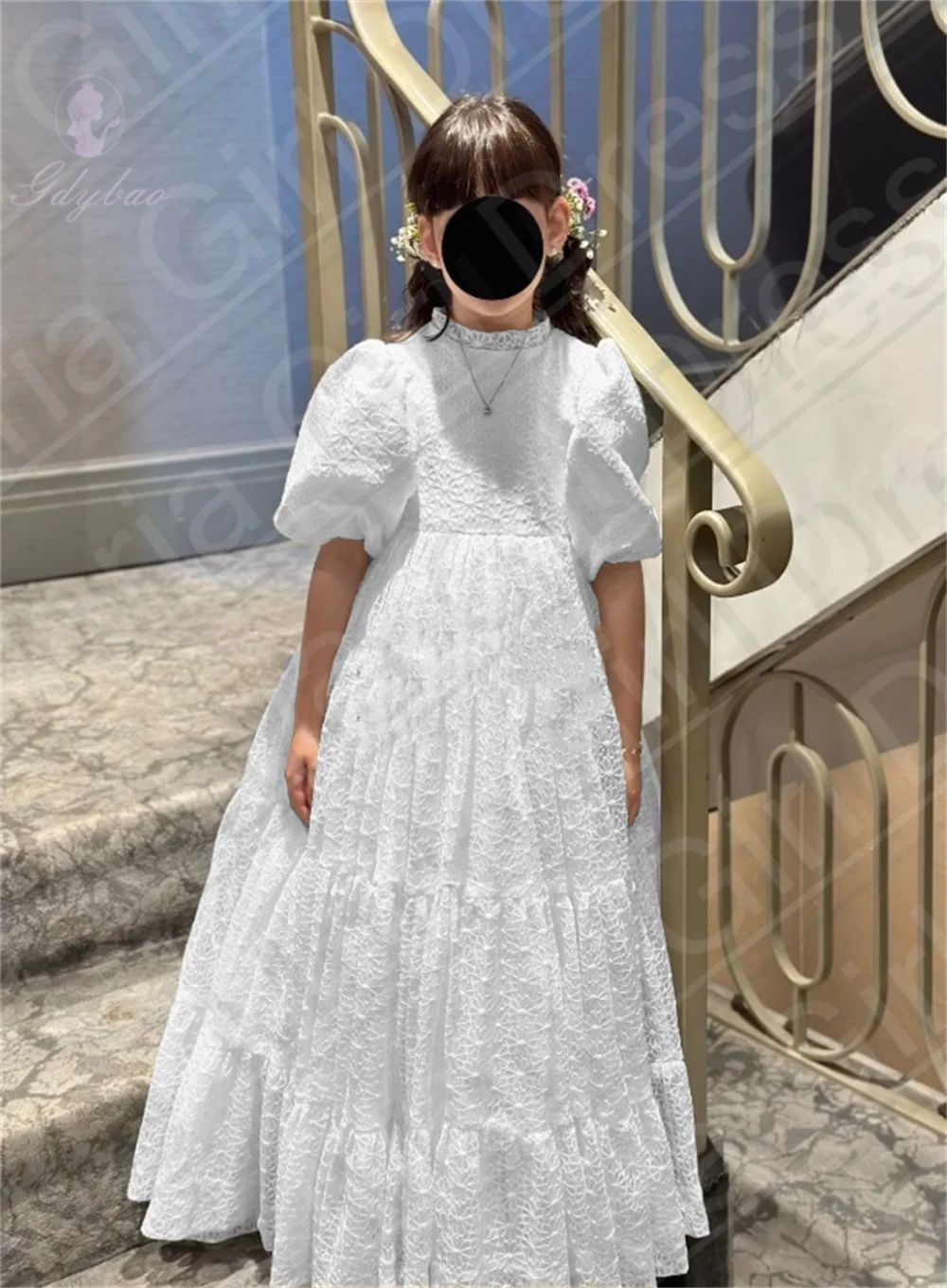 

White Cut Out Lace Puffy Sleeves Teen Elegant Flower Girl Dress For Wedding Birthday Celebration Show Dress