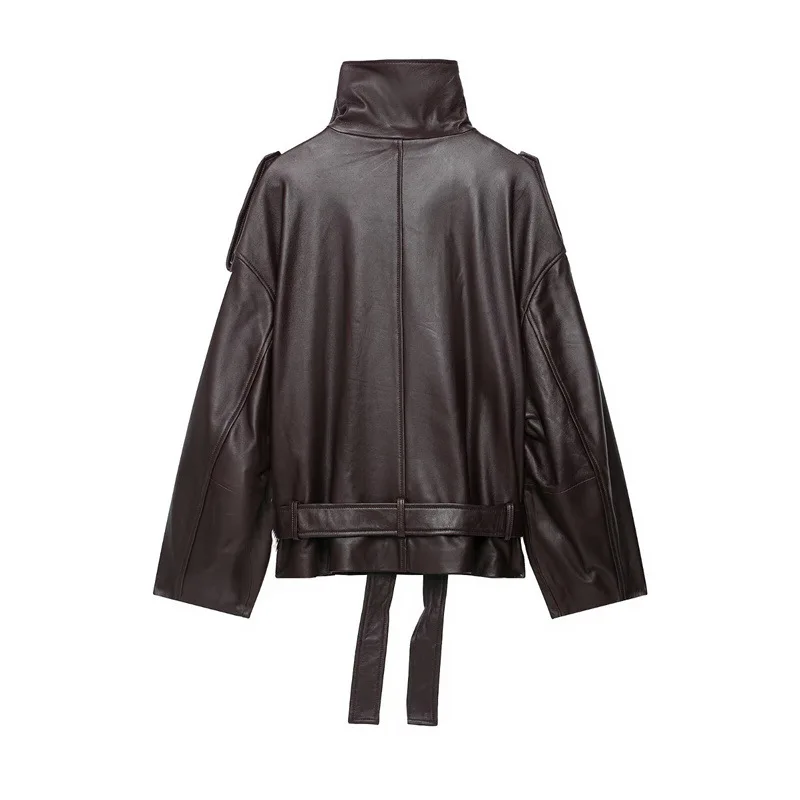 Women's PU Leather Effect Jacket with Belt Coat Top Long Sleeve Double Button Closure Regular Length Winter Fashion