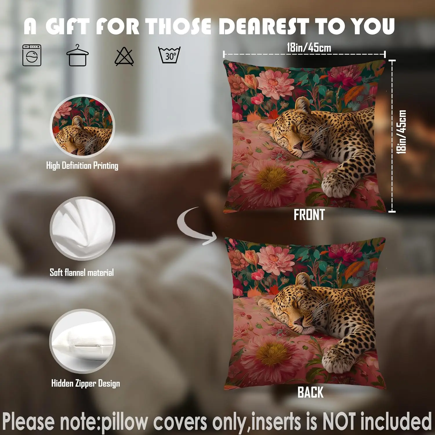 Pink Floral Leopard Pillow Cover 18x18 Double-Sided, Leopard Cheetah Room Decor, 1pcs Eclectic Cheetah Animal Decorative Throw