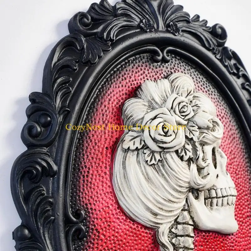 92MF Ornate Skull Wall Plaque with Raised Profile Art for Hallway Accent