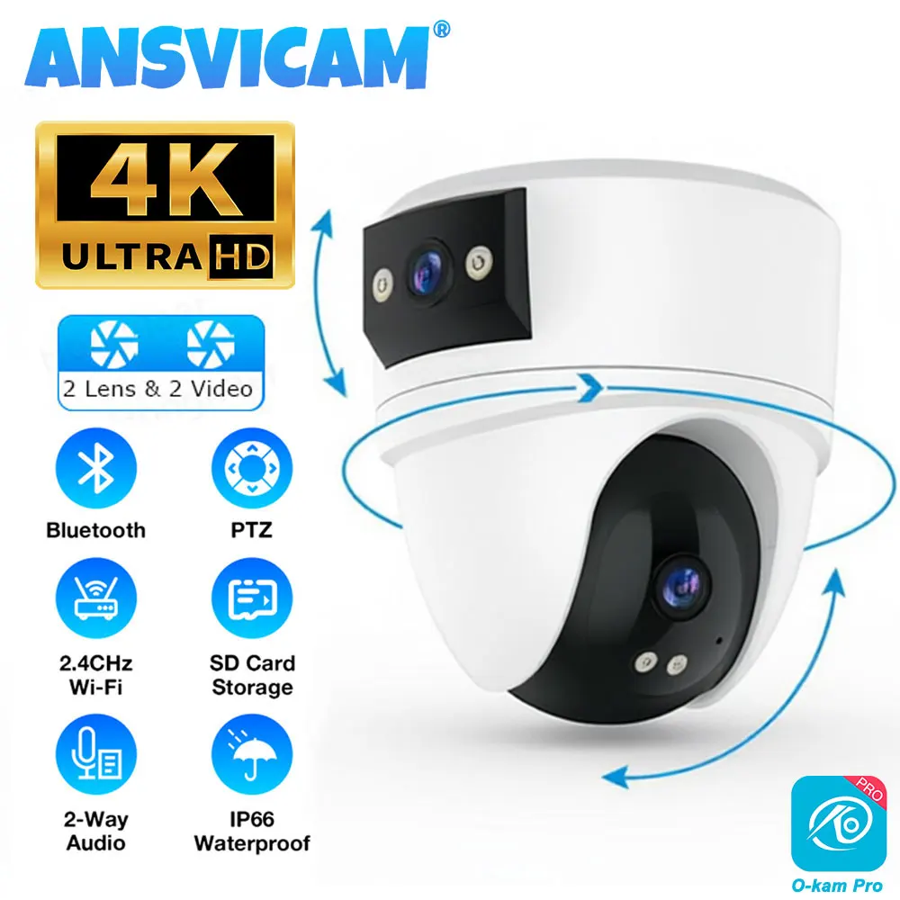 Caméra PTZ WiFi 4K ANSVICAM, caméra de sécurité extérieure HD à double objectif, suivi automatique, surveillance sans fil, moniteur pour bébé, O-Kam 1