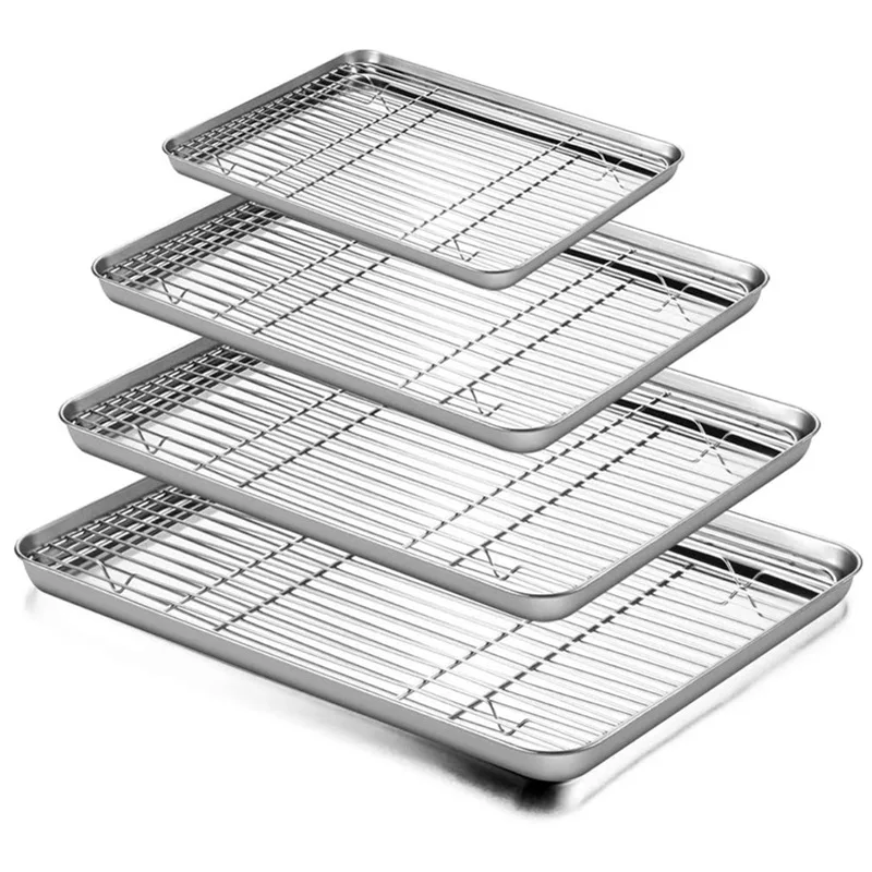 Stainless Baking Tray Drain Rack Cake Baking BBQ Pan Plate With Wire Rack Oven Brownie Tray Baking Supplies Kitchen Utensils