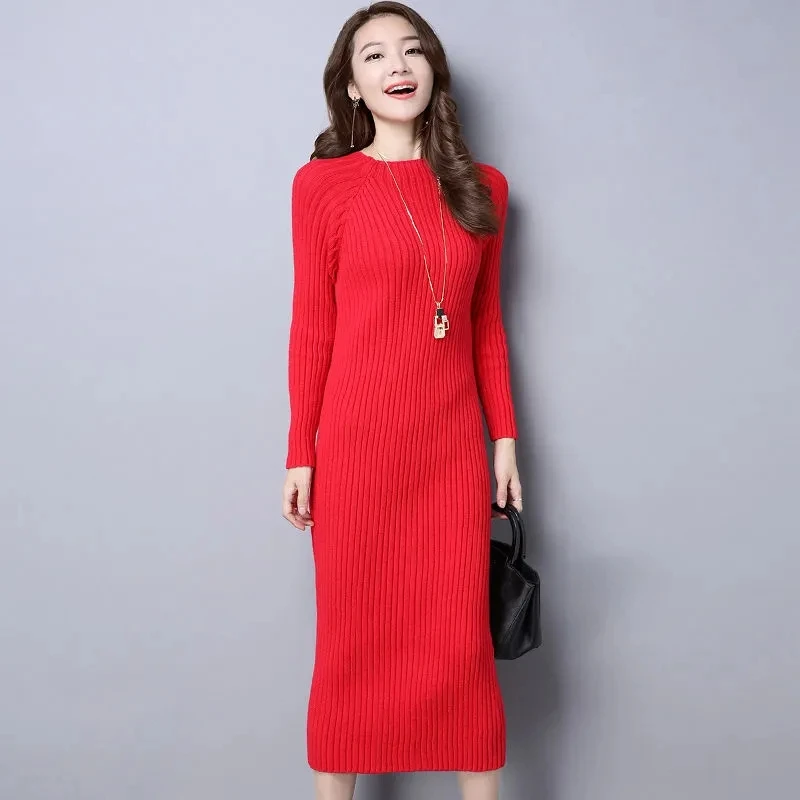 Schlanke langärmlige gestrickte einteilige Kleid sexy Frauen Herbst Winter koreanische Pullover Kleider Midi Bottom ing Bodycon Vestidos neu