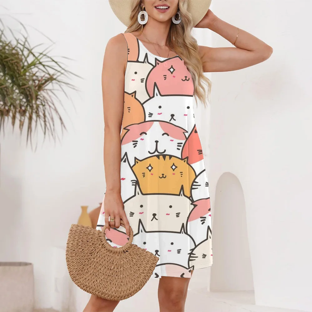 Cartoon Animal Fresh Print Double Pocket Sleeveless Vest Dress Casual Round Neck Sleeveless Holiday Fashion Dress For Women