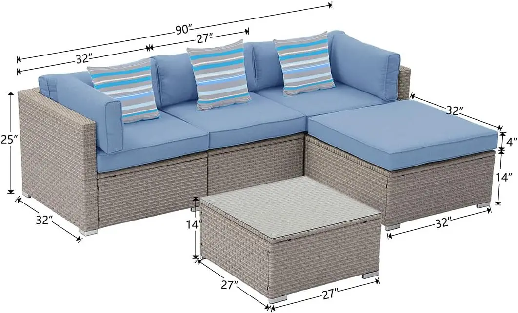 Gartenmöbel Allwetter braunes Korbs ofa mit warm grauen dicken Kissen, Couch tisch mit Glasplatte, Gartens ofas