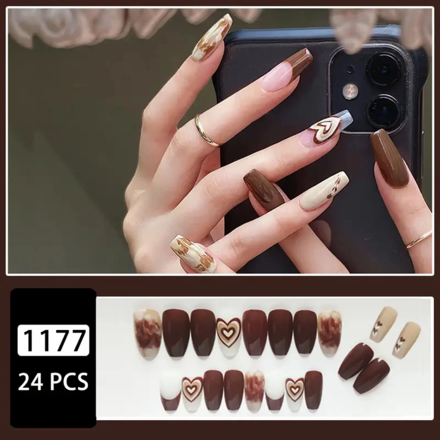 Stunning and Beautiful 24 Pcs Latte Style Fake Love Manicure Nails - Smudge-proof Nail Patch for Long-lasting and Trendy False N