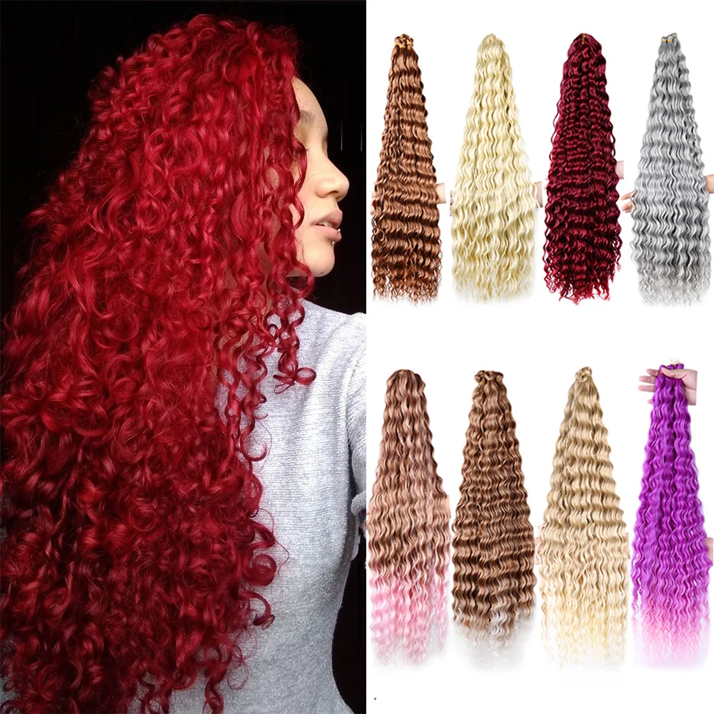 Red Long Water Wave Crochet Hair 32 Inch Ombre Ariel Curl Braiding Hair for Black Women Deep Wave Synthetic Braid Hair Extension