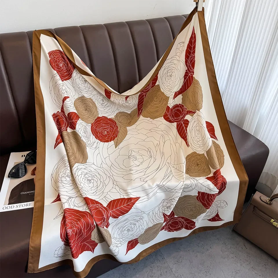 الفاخرة وشاح حريري وشاح مربع الكورية موضة منديل ارتفع الأوشحة الحريرية باندانا يلتف وشاح الديكور شال 90*90 سنتيمتر #6