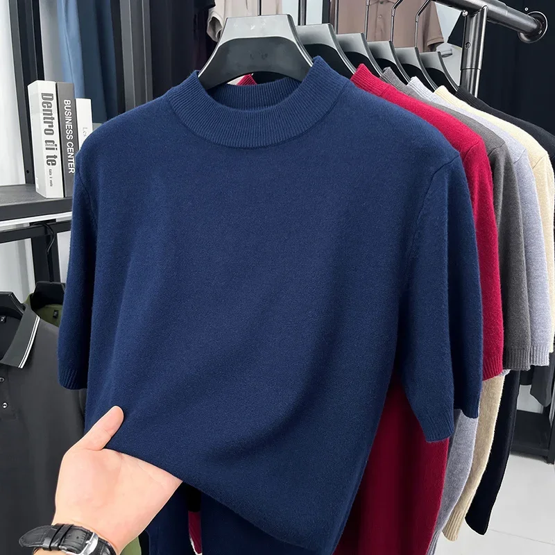Herren Einfarbige Mock-Neck Strick-T-Shirts Sommer Lässige Atmungsaktive Feuchtigkeitsableitende Oberteile für Männer Tägliche Bürokleidung