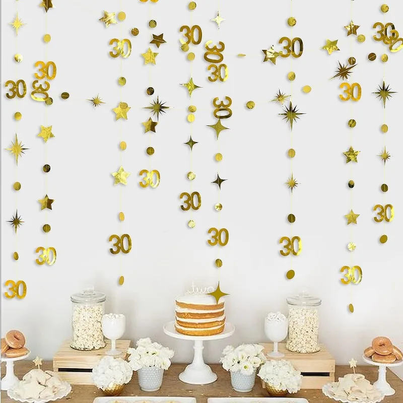 

Gold 30th Birthday Banner Decorations Number 30 Circle Star Paper Garland Hanging Streamer for 30th Anniversary Party Supplies