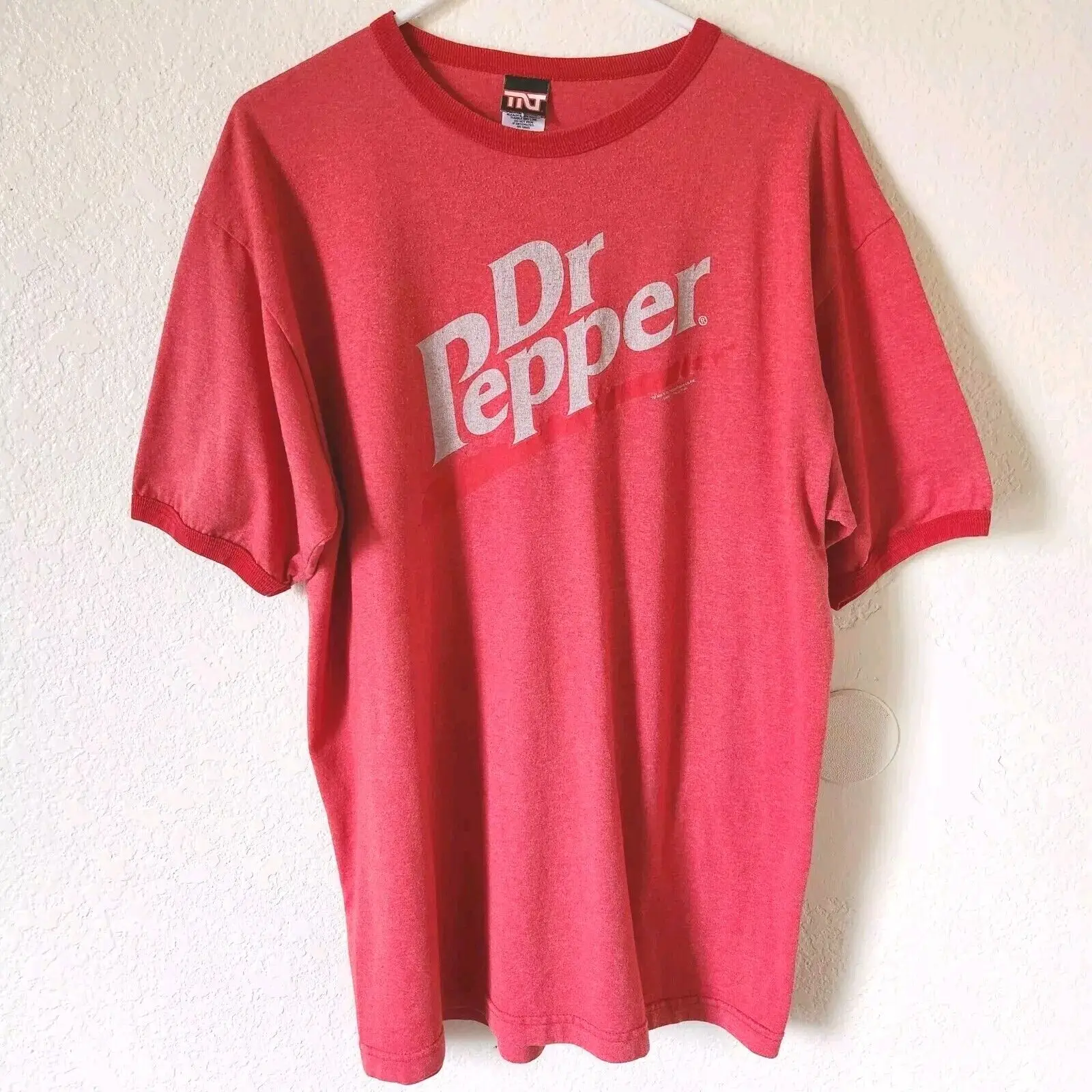 Vintage TNT Dr Pepper Logo T Shirt Size Large Hemmed Collar and Sleeves Ringer