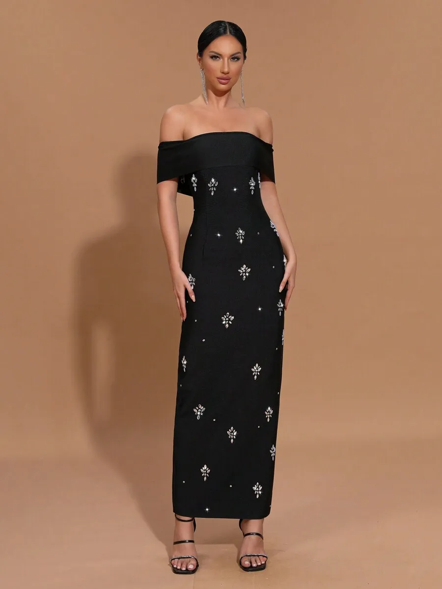 

Off Shoulder Bandage Long Dress With Crystal Embellishment Formal Evening Gown