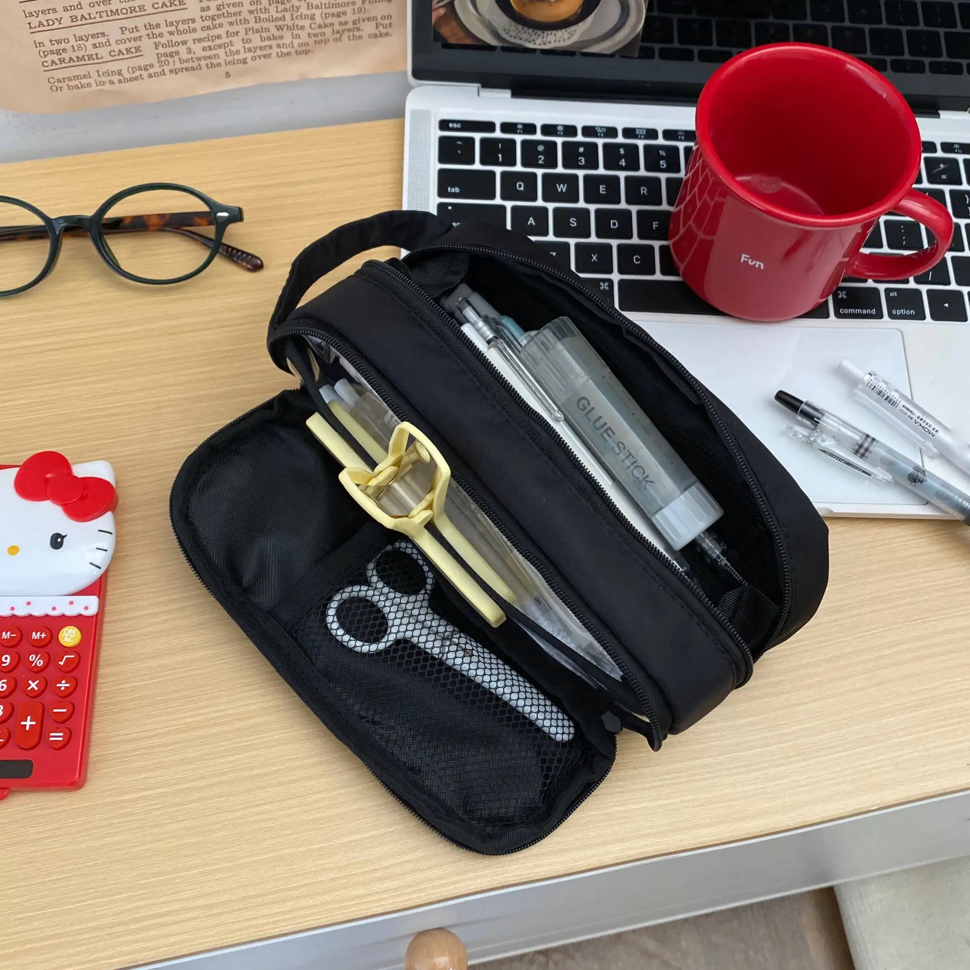 Solid color pencil case, premium black, large capacity multi-layer handheld stationery bag, multifunctional portable pencil case