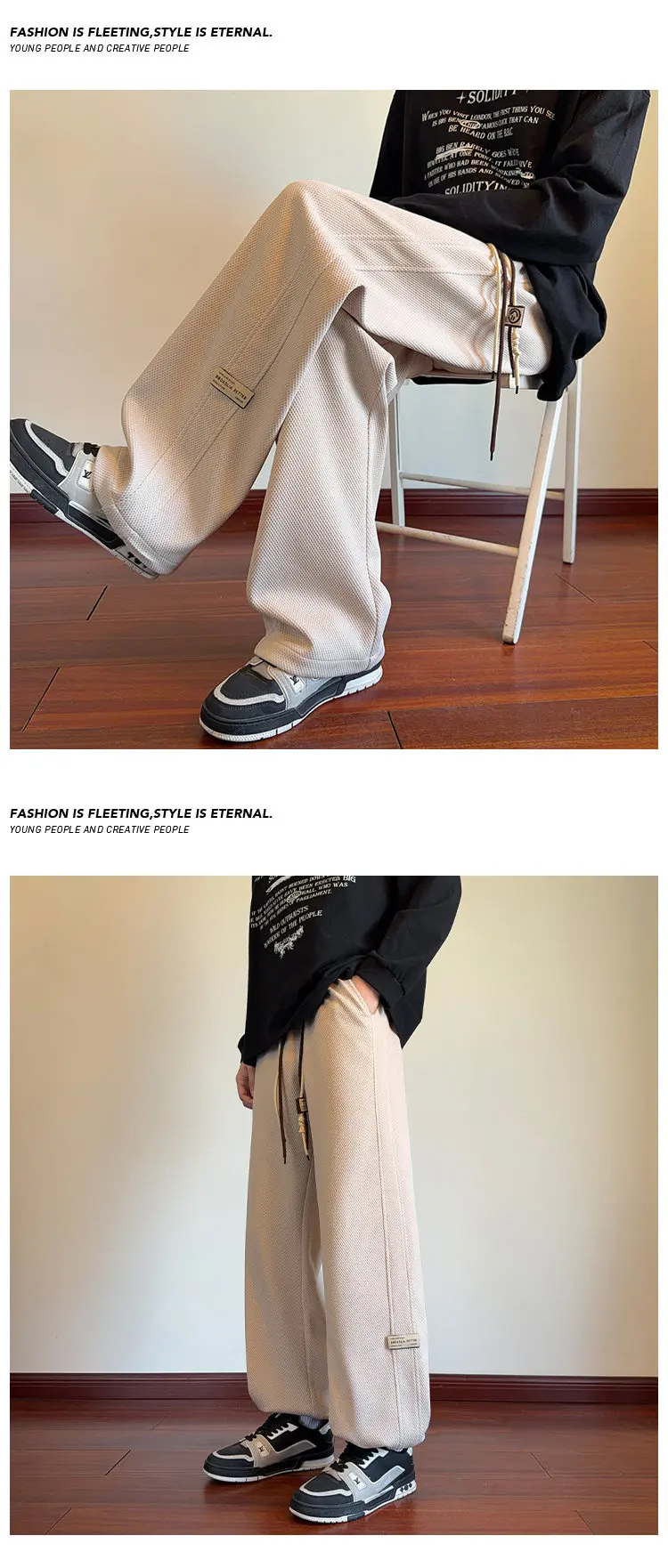 Herren-Sweatpants mit Kordelzug, weitem Bein, einfarbig, elastischer Bund, lockere, gerade geschnittene Hose, Streetwear, Freizeit- und Alltagshose. – Detail 23