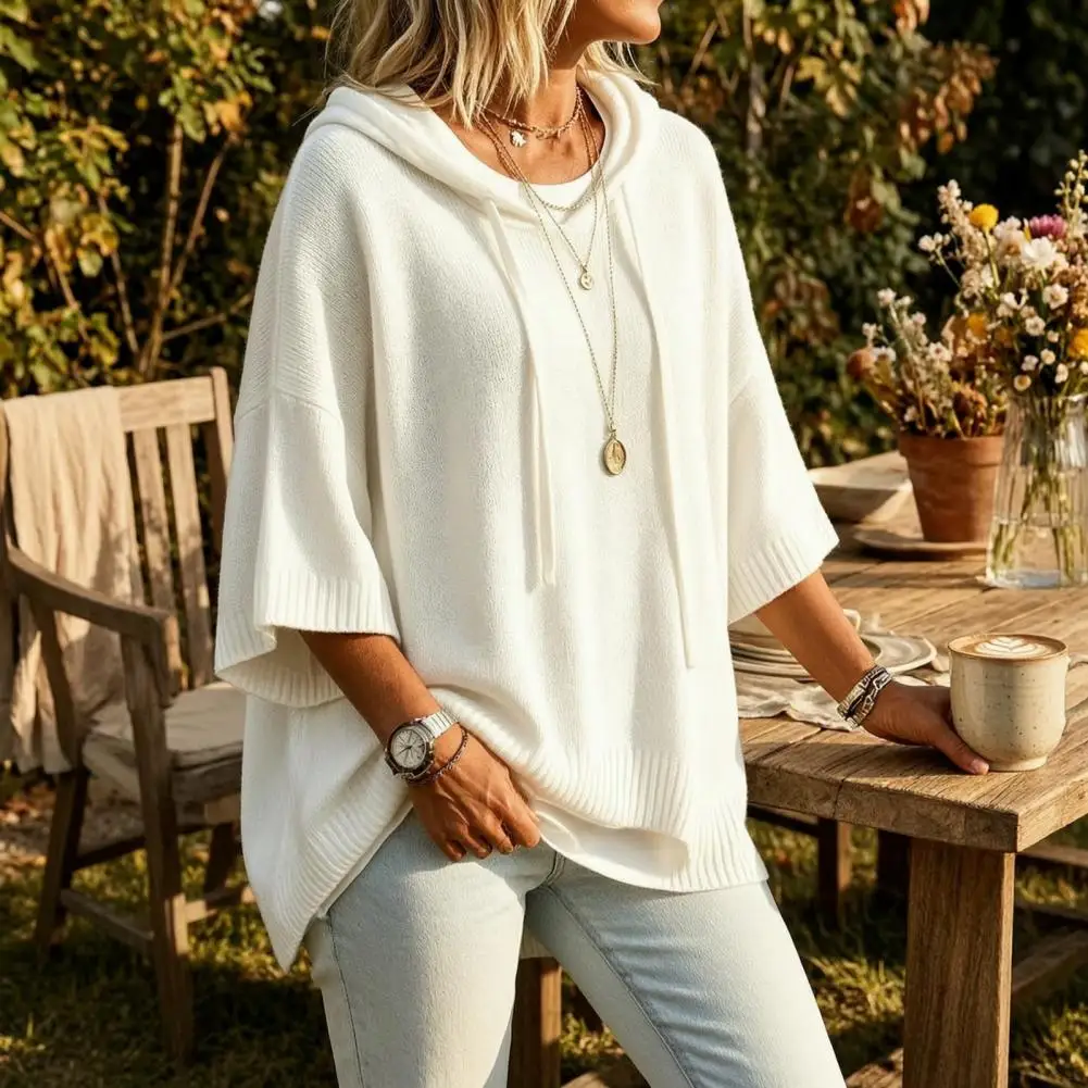 Long Sleeve Tops Autumn Women Knit Pullover Sweater Loose Fit Drawstring Hoodie 3/4 Sleeve Drop Shoulder Top Solid Color