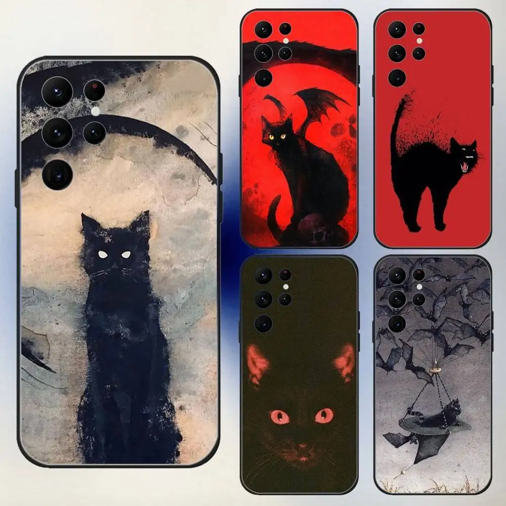 Funda de teléfono Dark Funny Monster Cat para Samsung S25,24,23,30,21,10,9,Ultra,Plus,Lite,FE,5G, funda blanda negra