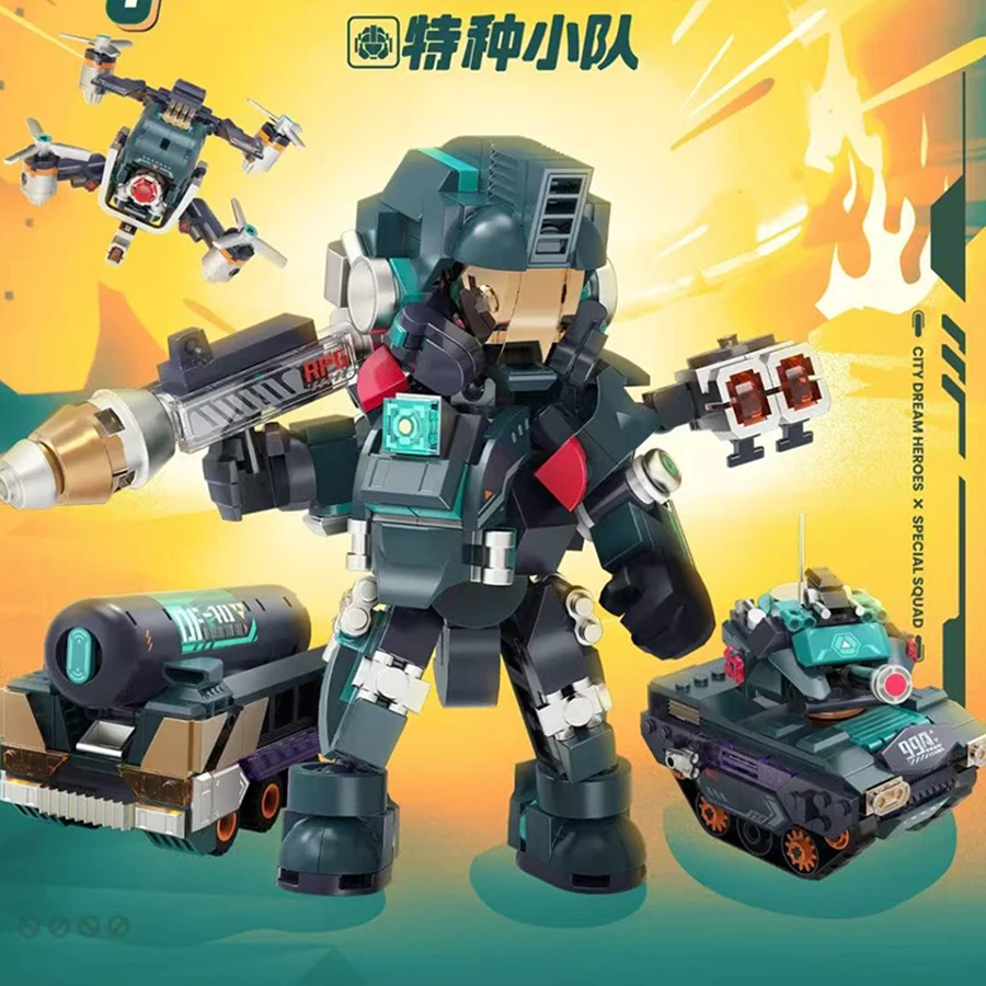 City Dream Hero Series Special Forces character building blocks. Green desktop decorative building block toys.
