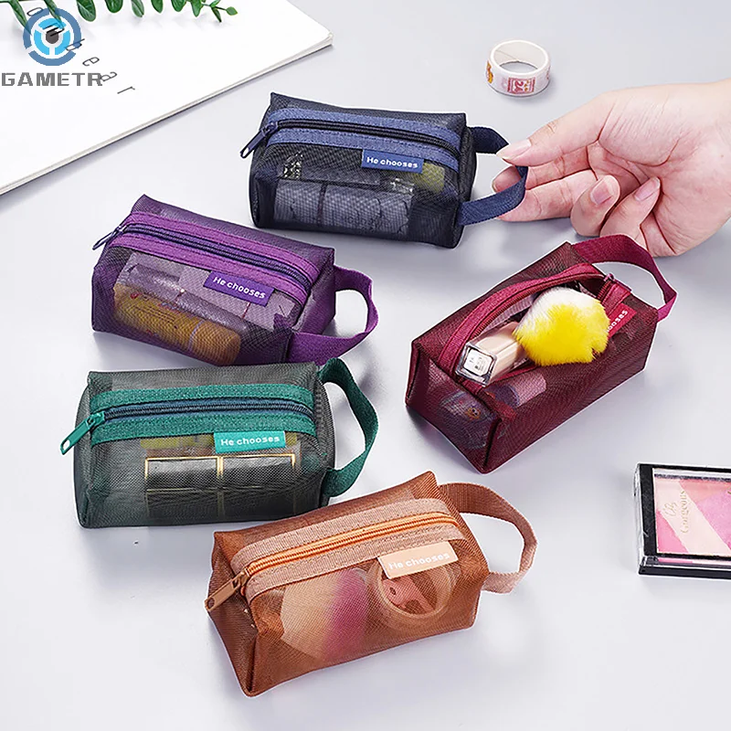 Square Mesh Storage Pouch Large Capacity Mini Zipper Coin Purse Portable Cosmetic Bag Lightweight Breathable Stationery Bag