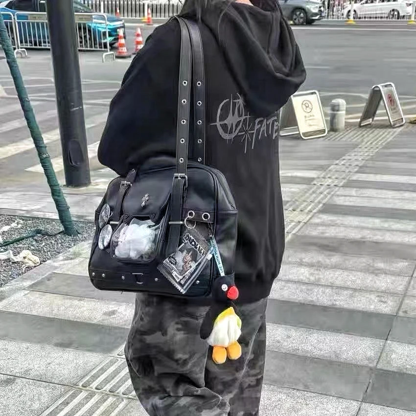 Y2K Black Ita Shoulder Bags Harajuku Girl Transparent Bag Fashion Women Large Capacity Casual Tote Bag Cute DIY Display Handbags