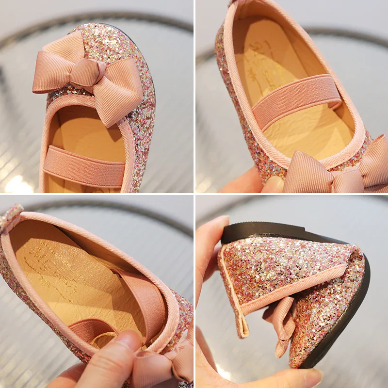 Girls Casual Shoes Kids Flats Princess Glitter Leather Shoes Children Bowtie Mules Sequins Fashion 2024 New Party Ballet Shoes