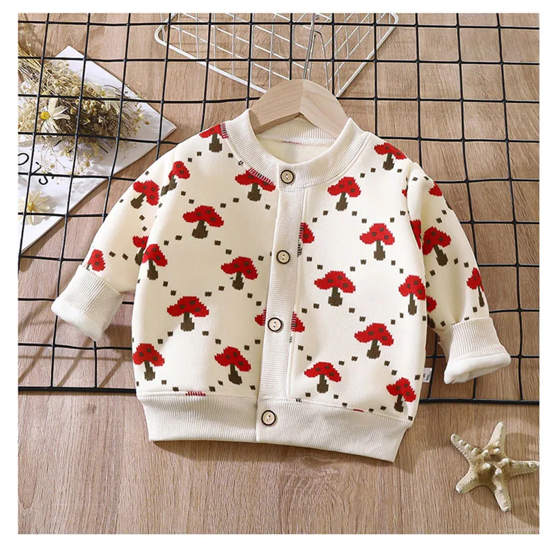 1-7T Children Long Sleeved Jacket Fur Padded Cute Girls Coat Kids Autumn Sweet Cherry Checkered Pattern Warm Cardigan Outwear