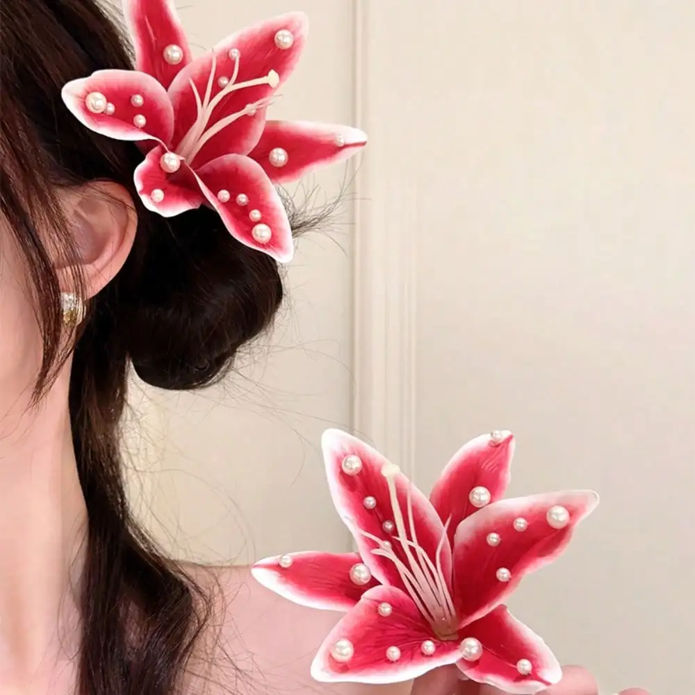 

Заколка для волос с 3D-цветком красной лилии и жемчужным декором, милые аксессуары для волос в стиле феи для женщин