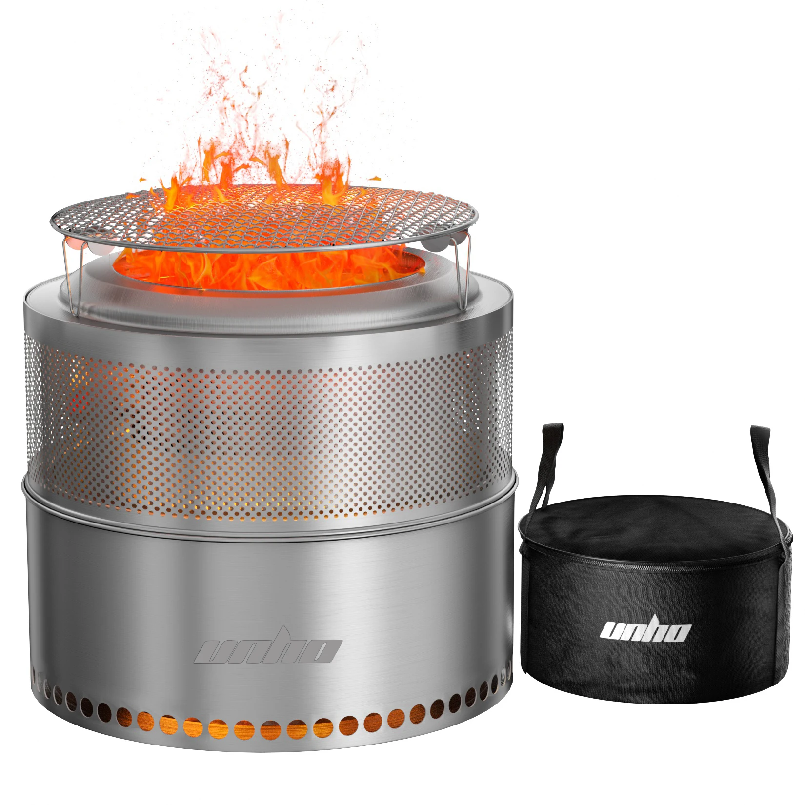 Unho Smokeless Fire Pit 50cm Portable 304 Stainless Steel Wood Burning with Grill Grate and Carry Bag for Backyard Patio Camping