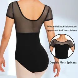 Women Short Sleeve Durable Elastics Mesh Ballet Leotard, Sweetheart Neckline, Breast  Soft Front  Lining Ballet Clothes