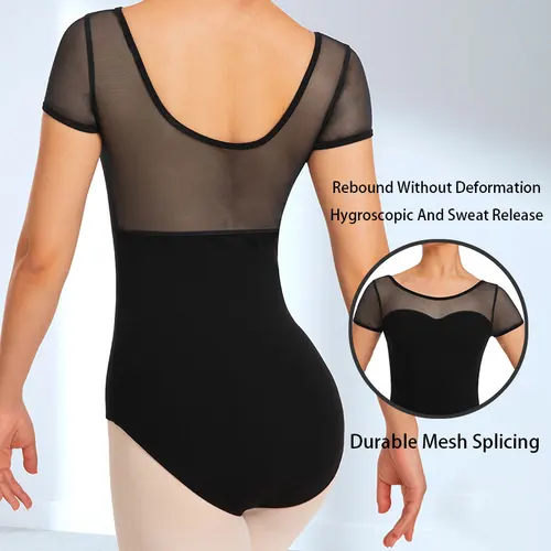 Leotardo de Ballet de malla elástica duradera de manga corta para mujer, escote corazón, ropa de Ballet con forro frontal suave en el pecho