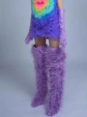 

Winter Women Purple Bright Green Fur Round Toe Zipper Back Over The Knee Boots Female Stiletto Heels Fashion Modern Long Boots