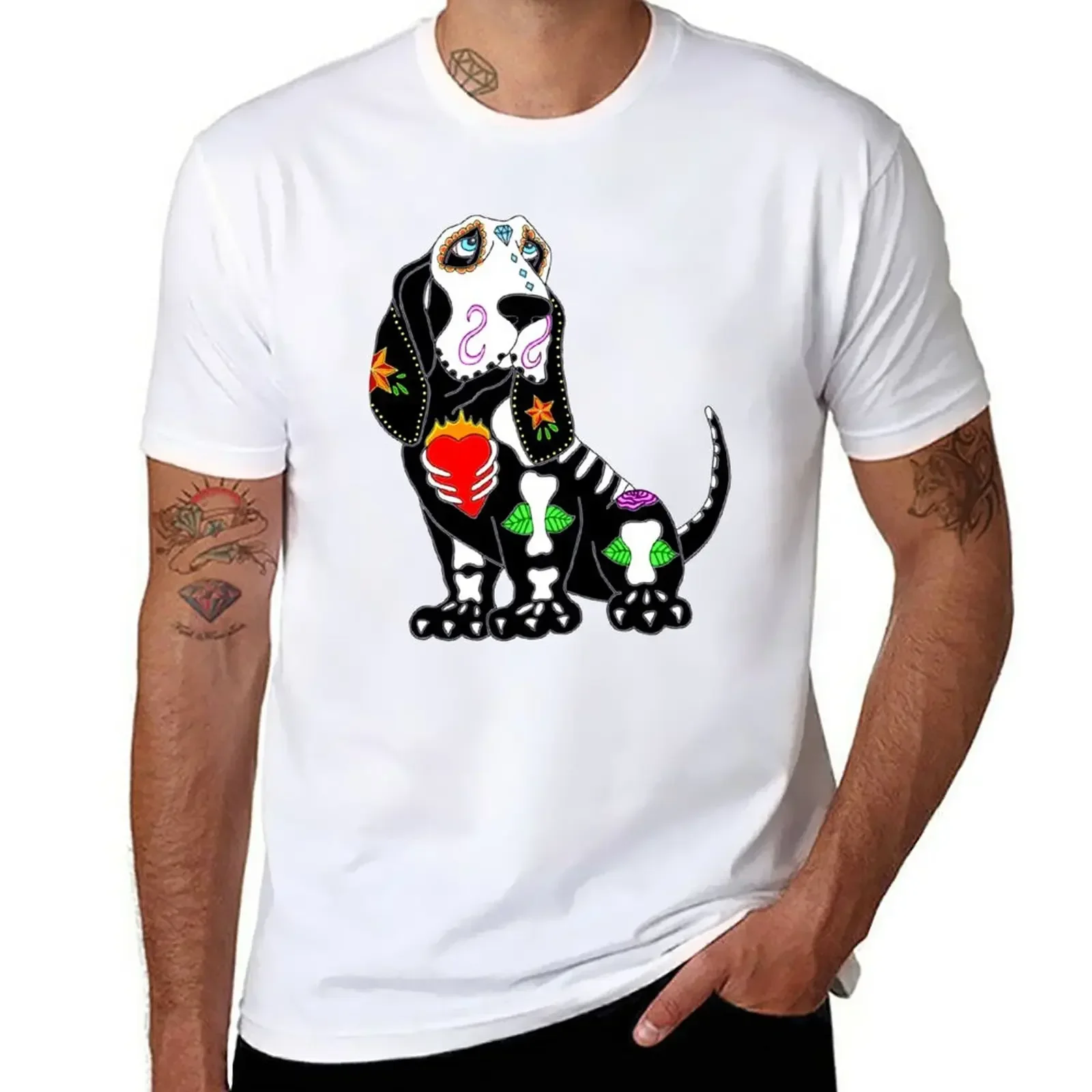 Basset Hound Sugar Skull T-Shirt heavyweights quick drying fitted t shirts for men