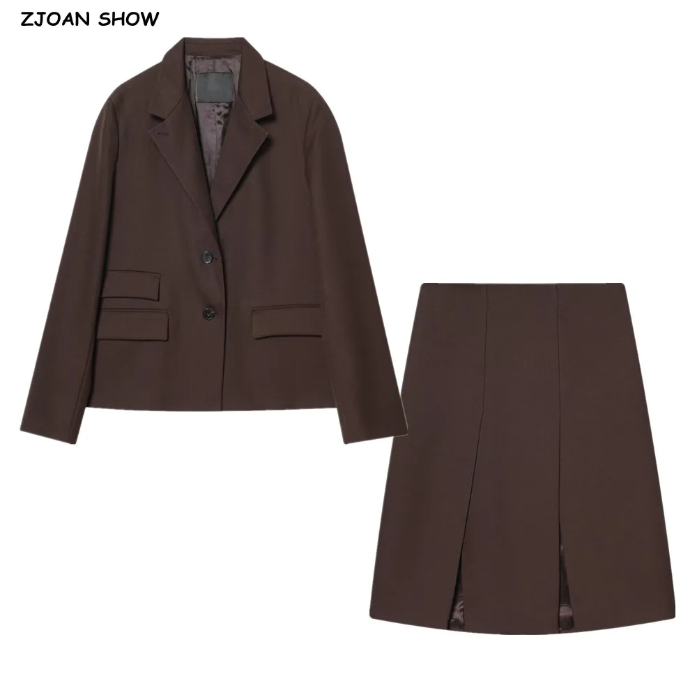 

2 pieces 1 set New Spring Autumn Coffee Twill Notched Collar Loose Long Sleeve Blazer Low Waist Slit Hem Midi Long Skirt Suits