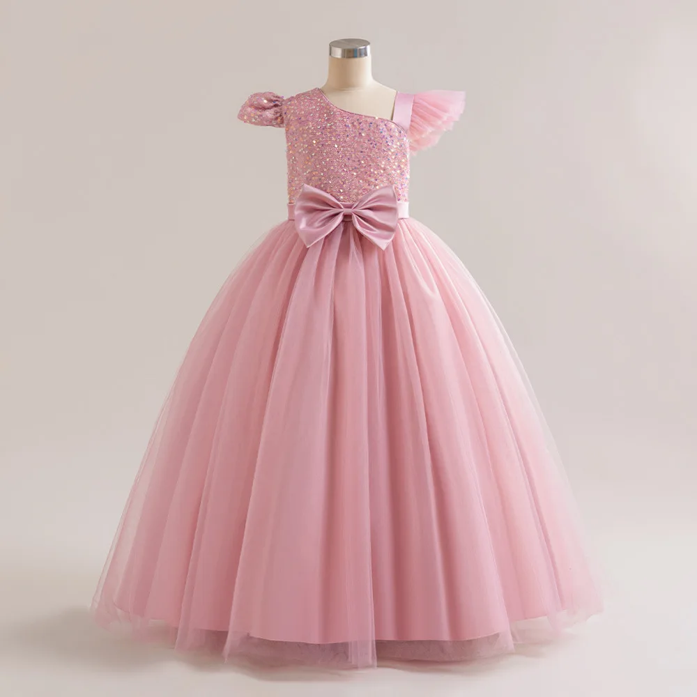 Summer Teen Girl Party Dresses Sequins Fly Sleeves Kids Dress for Girl Birthday Piano Wedding Dress Princess Evening Dress