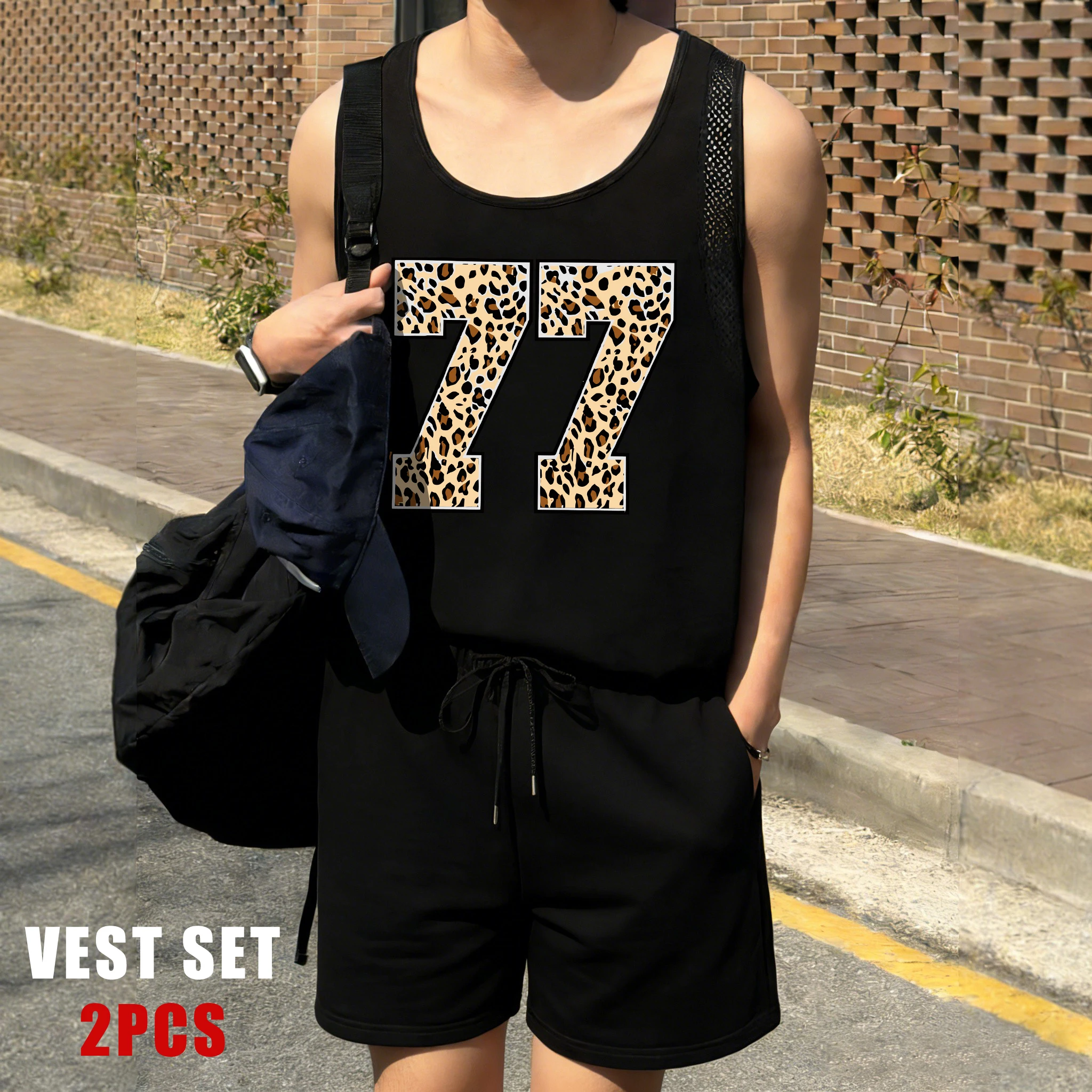 

Number 77 Composed Of Leopard Print Mens Reticular Vest Set Summer Breathable Tops Street Fashion Tee Unisex All-Match Shorts