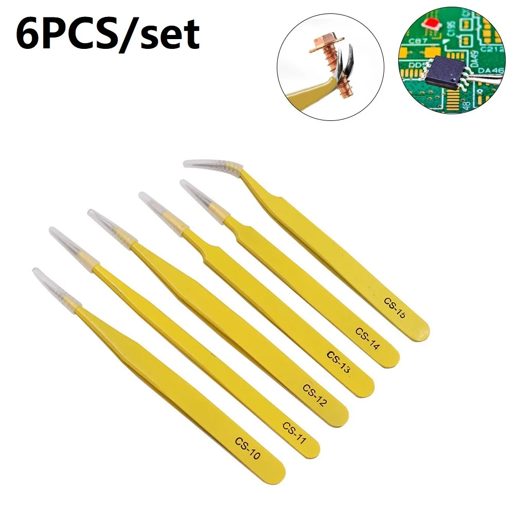 6Pcs Stainless Steel Anti-Static Tweezers Curved Straight Tip Forceps Maintenance Repair Curved Tool Hand Tool