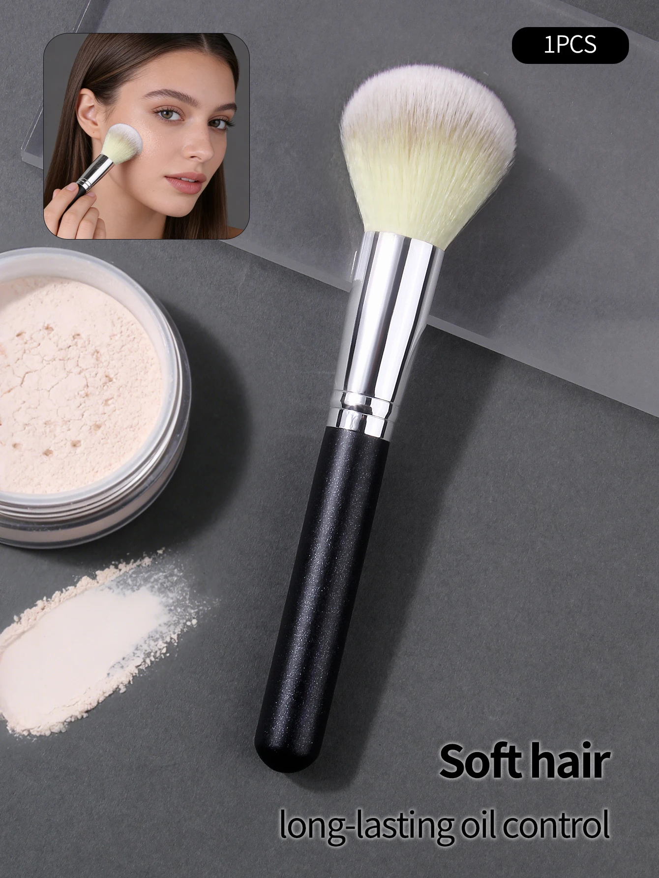 Multi-functional Three-color Bristle Blush Brush, Contouring Brush, Synthetic Fiber Wooden Handle Professional Makeup Brush
