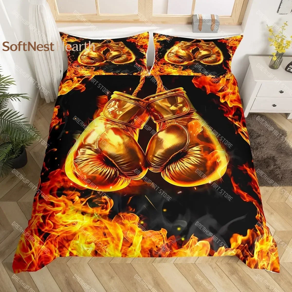 2026 Boxing Sport Duvet Cover Set Golden Boxing Gloves Comforter Cover Kids Boys Teens Yellow Fire Print Duvet Covers With Pillo