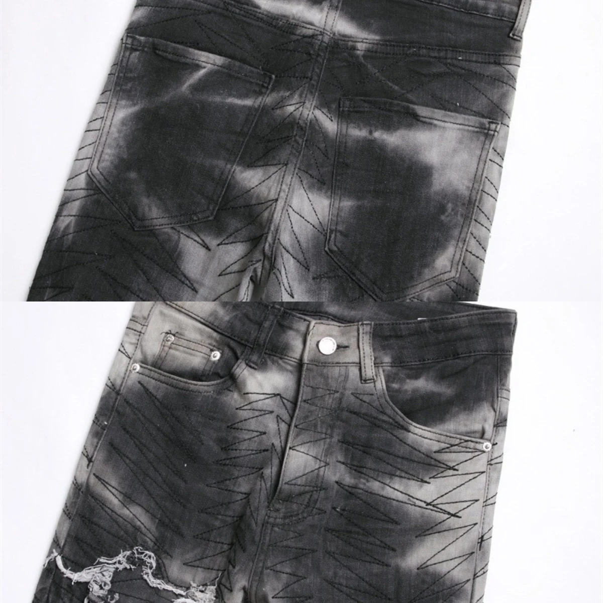 EH·MD® Pocket Drill Line Embroidery Jeans Men's Four Seasons Style Reflective Premium Black High Street Fashion Zipper Slim 2024