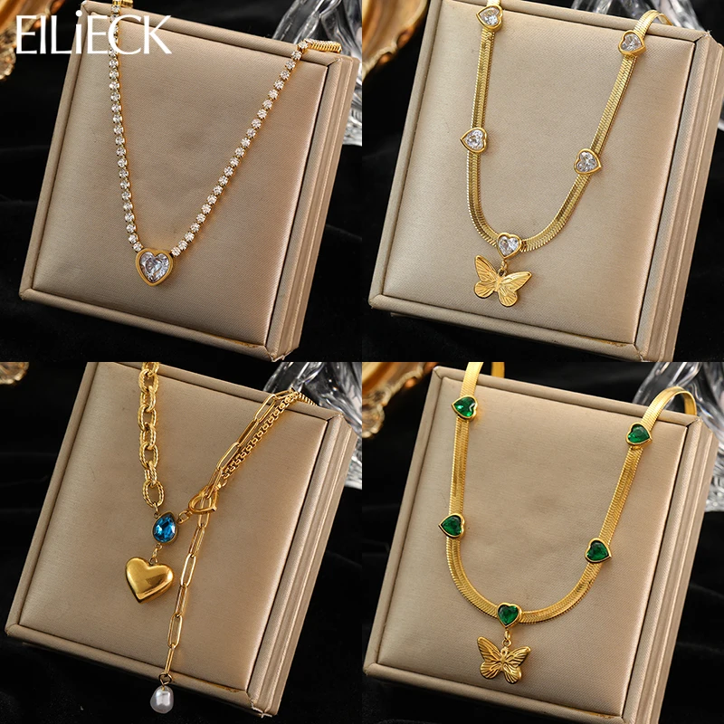 EILIECK 316L Edelstahl Schmetterling Herz Zirkon Anhänger Halskette Für Frauen Mädchen Neue Mode Hals Kette Schmuck Geschenk Bijoux