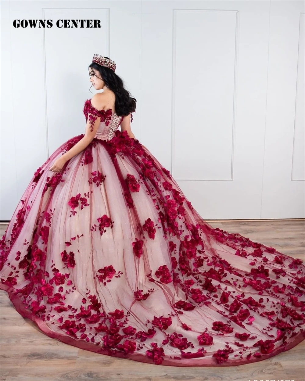 Vestido de baile de quinceañera, traje Formal de princesa con cuentas de perlas en Burdeos, en 3D Flores, hombros descubiertos, 2024