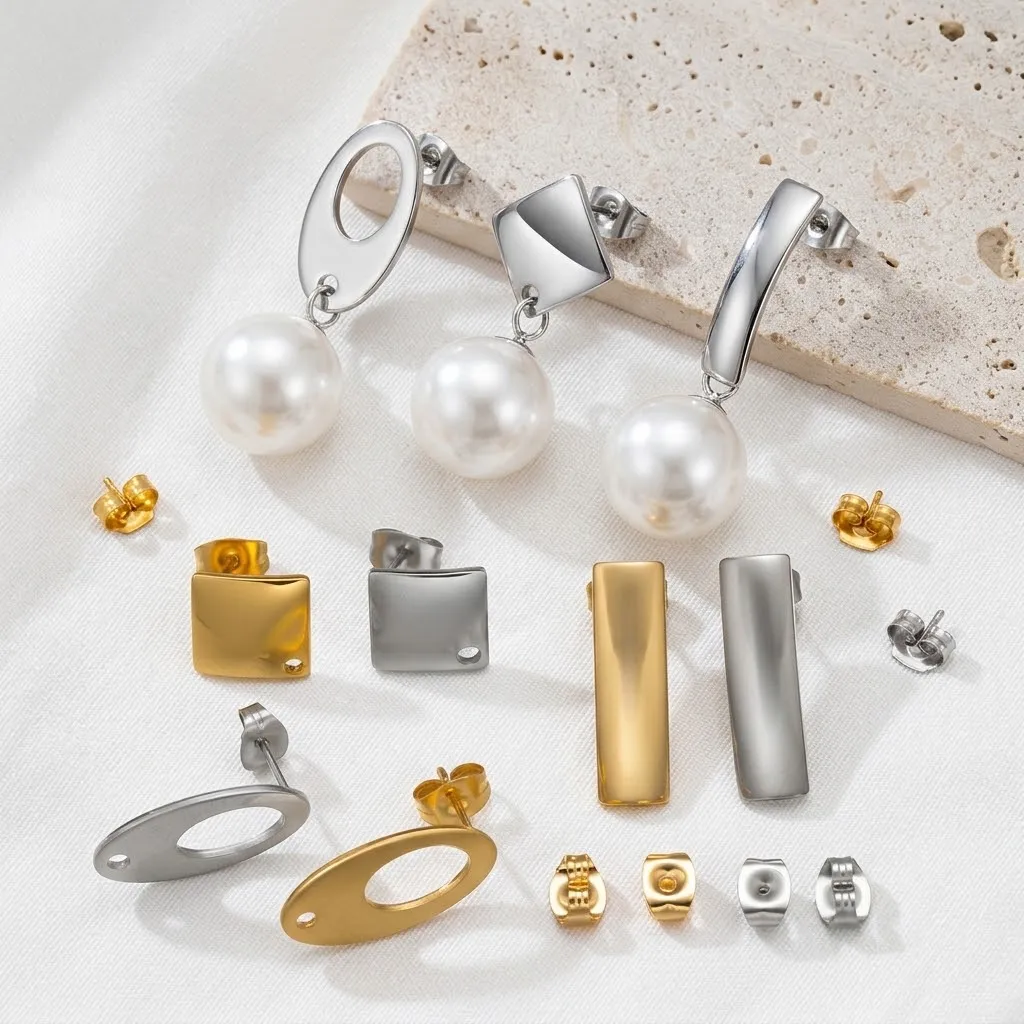 10Sets Stainless Steel Gold Earrings Circle Hooks Posts Ear Stud Base Back For DIY Jewelry Making Supplies Accessories Wholesale