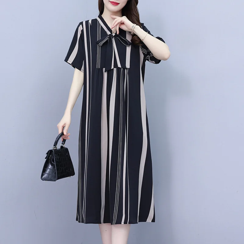 Women Summer Fashion Elegant Large Size Bow Loose V-neck Short Sleeve Midi Dress Women Clothes Casual Printing Striped Tops