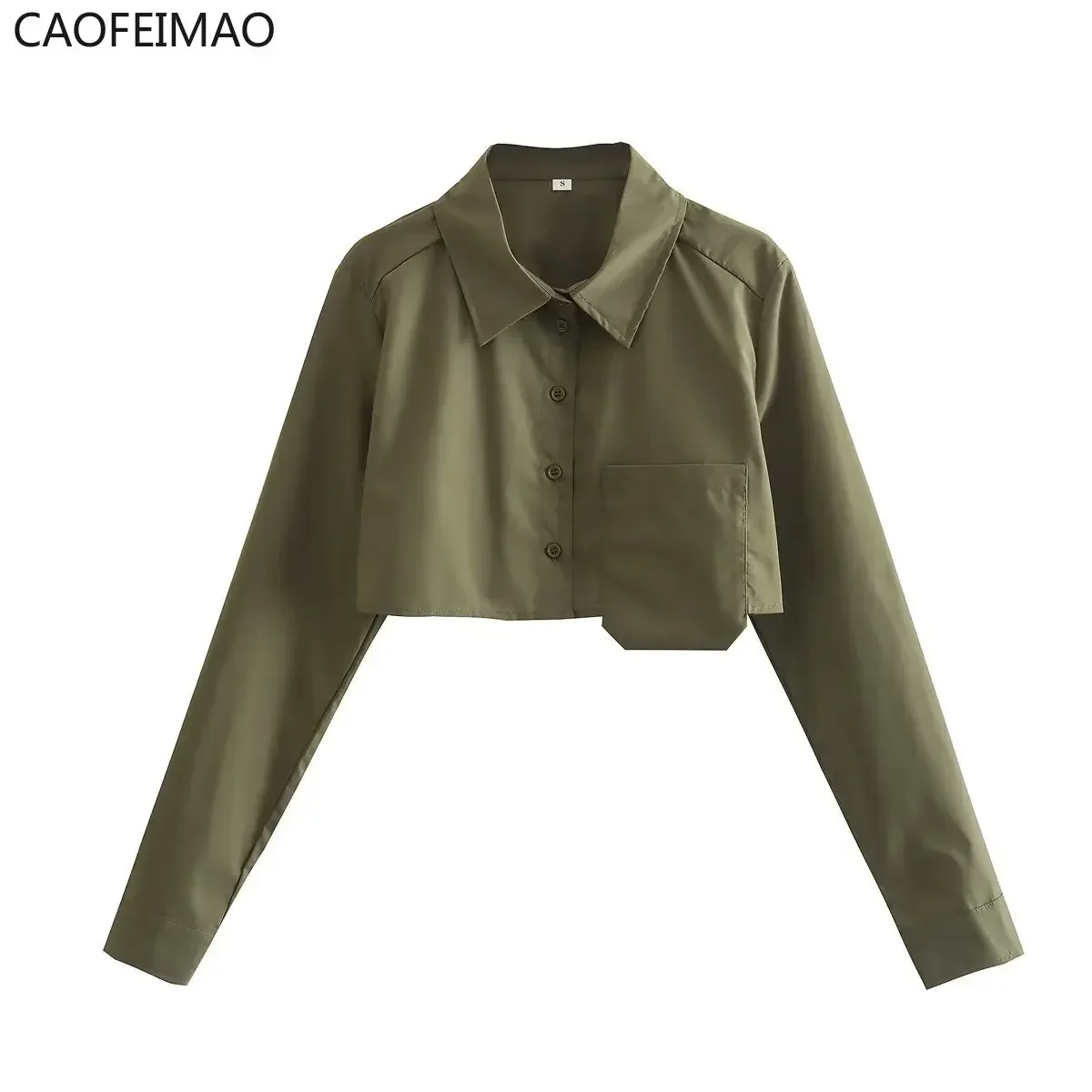 2025 Caofeimao Women Fashion Solid Color Pocket Design Short Smock Blouse Office Lady Shirt Chic Casual Chemise Blusas Tops