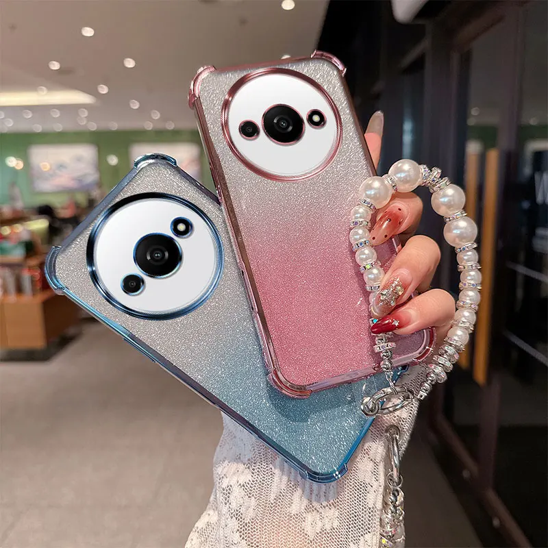 Gradient Glitter Stoßfeste TPU-Handyhülle mit luxuriösem Perlenketten-Handschlaufenband für Xiaomi Redmi A3 A3x 5G Poco C61 4G Rückseite