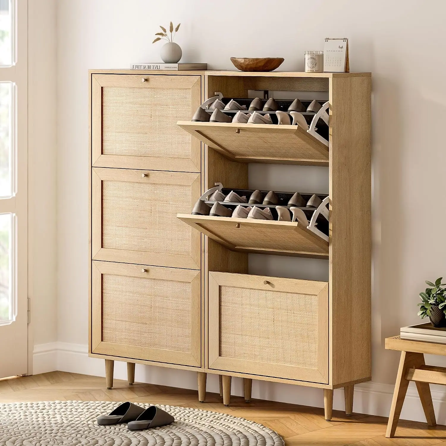 Narrow Shoe Cabinet with 3 Flip Drawers Set of 2 Hidden Freestanding Shoe Rack with Rattan Doors Wooden Shoe, Customized